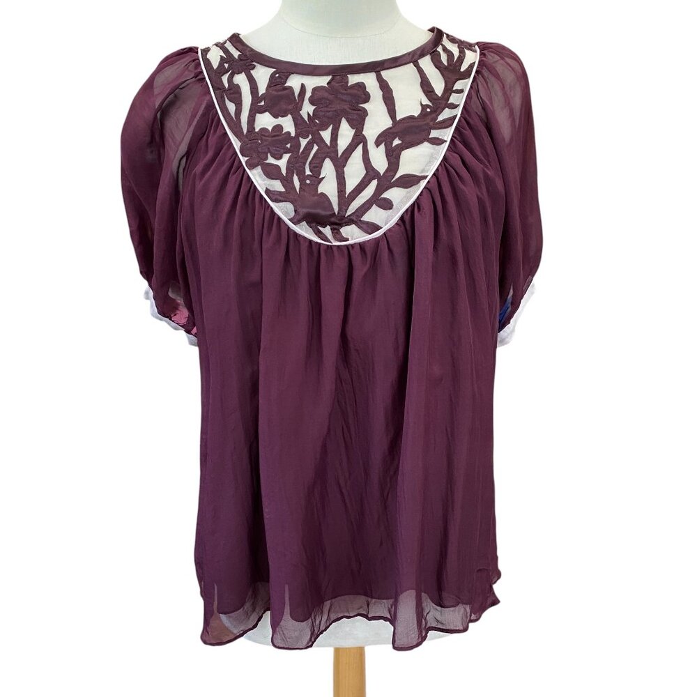 Milanzi Italy Silk Blend Cutout Lace Blouse Plum Purple Semi Sheer Top-L